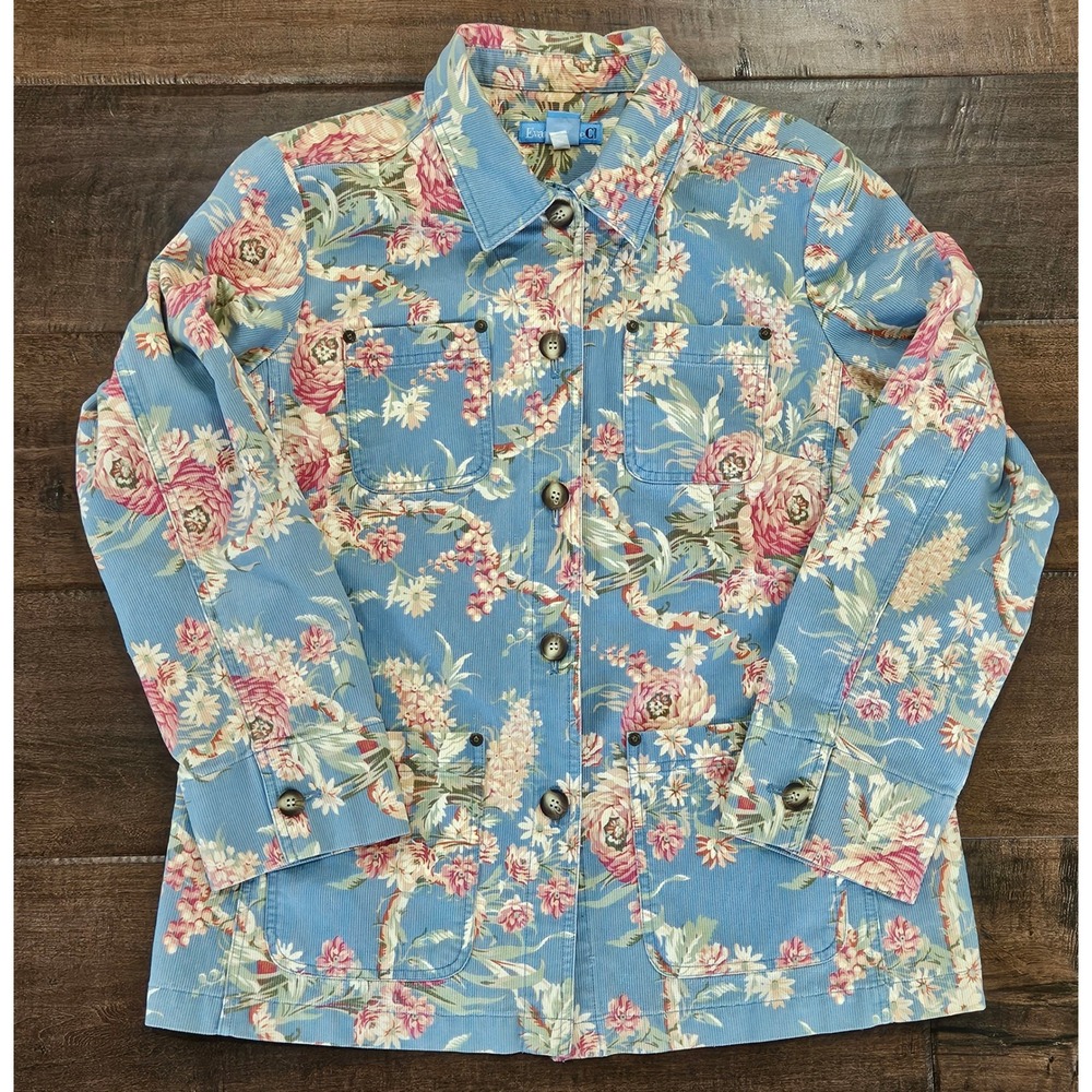 Vintage Evan-Picone Corduroy Jacket Womens L Blue Floral Button Front Utility